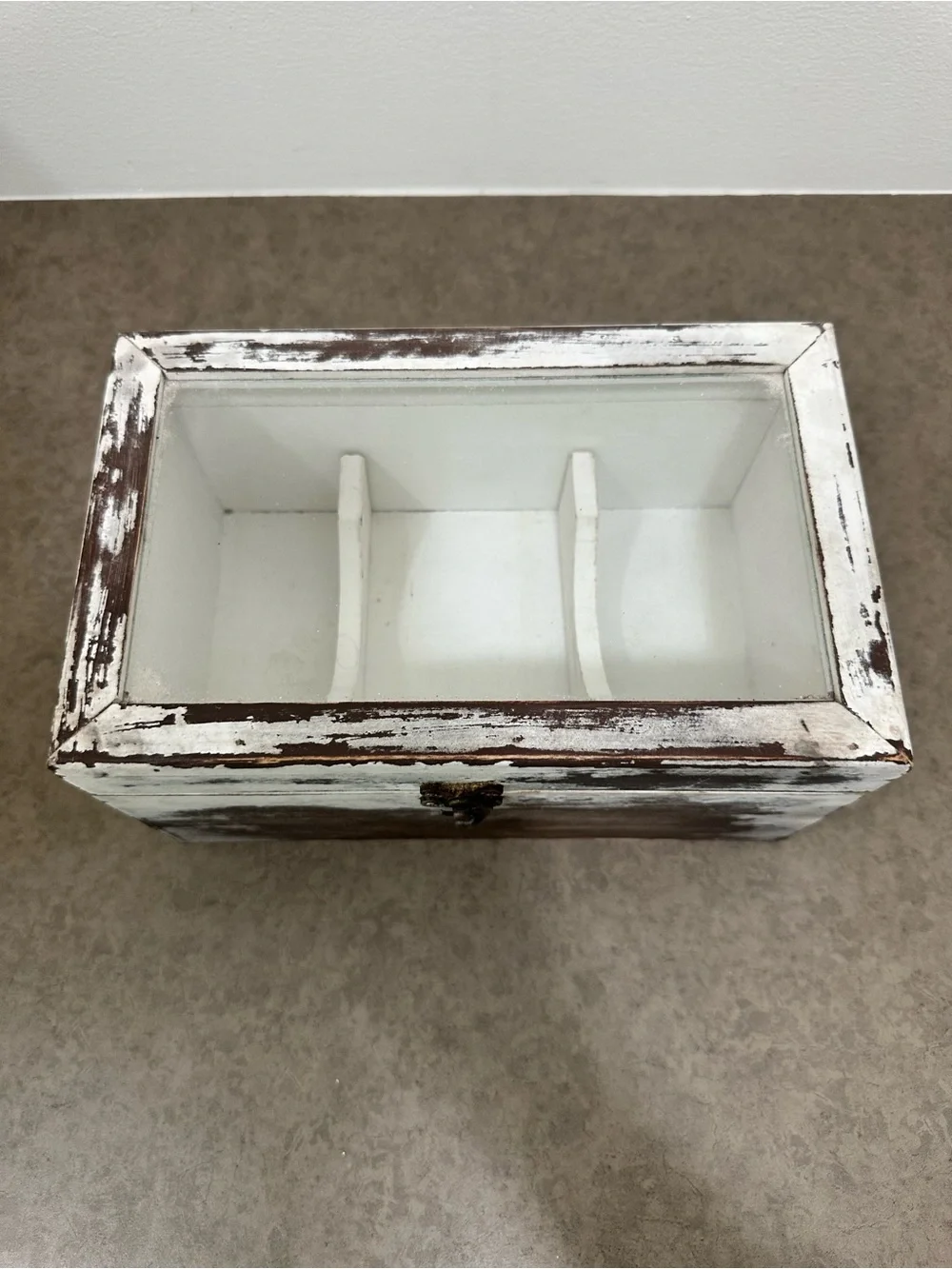 Tea Hot Cocoa Packet Organizer Box - Distressed White Wood Keepsake Glass Top